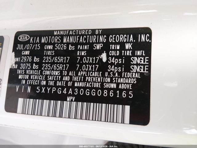Auction sale of the 2016 Kia Sorento 2.4l Lx, vin: 5XYPG4A30GG086165, lot number: 45377101