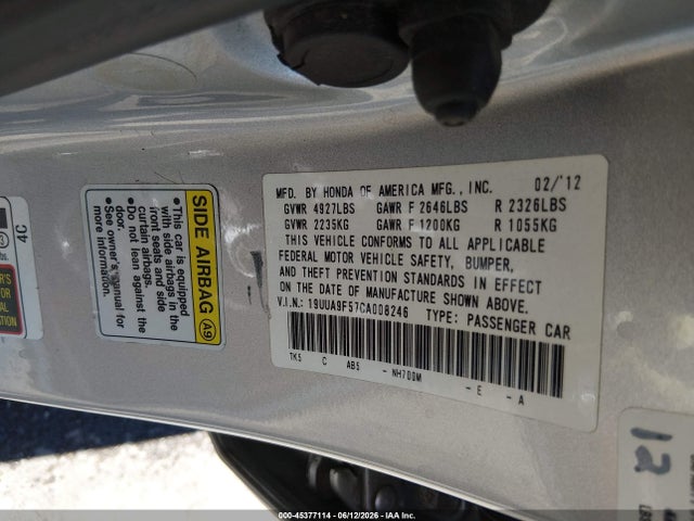 45377114 :رقم المزاد ، 19UUA9F57CA008246 vin ، 2012 Acura Tl 3.7 مزاد بيع
