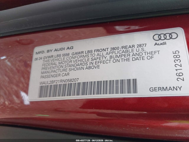 Aukcja sprzedaży 2024 Audi A6 Premium Plus 55 Tfsi Quattro S Tronic, vin: WAUL2BF21RN058207, numer aukcji: 45377126