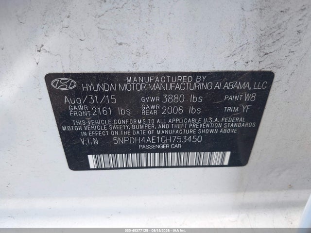Aukcja sprzedaży 2016 Hyundai Elantra Value Edition, vin: 5NPDH4AE1GH753450, numer aukcji: 45377129