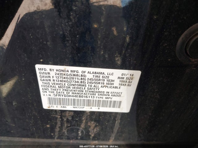 45377139 :رقم المزاد ، 5FRYD3H44EB016113 vin ، 2014 Acura Mdx Technology Package مزاد بيع