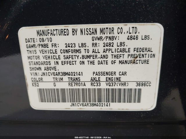 Aukcja sprzedaży 2011 Infiniti G37x, vin: JN1CV6AR3BM402141, numer aukcji: 45377140