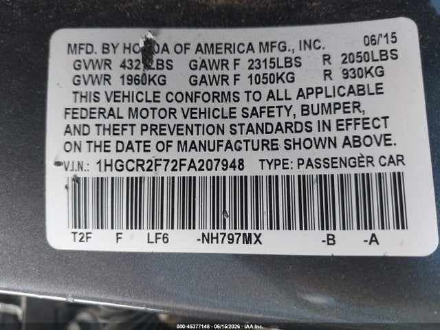 Honda ACCORD EX 2015 1HGCR2F72FA207948 Image 9