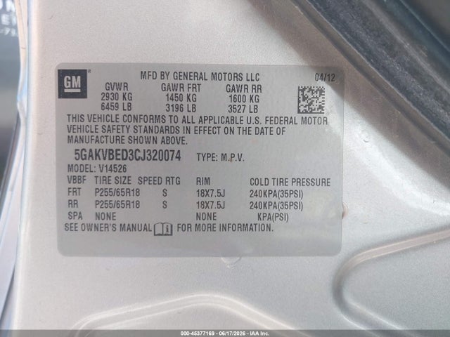 2012 Buick Enclave Convenience მანქანა იყიდება აუქციონზე, vin: 5GAKVBED3CJ320074, აუქციონის ნომერი: 45377169