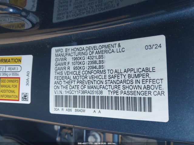Honda ACCORD EX 2024 1HGCY1F38RA051638 Image 9