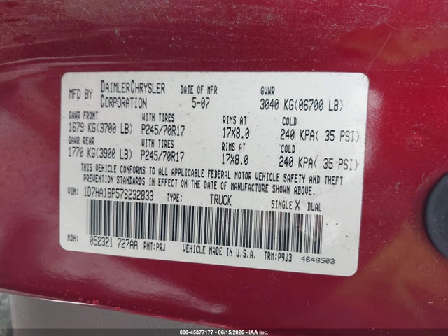Продажа на аукционе авто 2007 Dodge Ram 1500 St, vin: 1D7HA18P57S232833, номер лота: 45377177