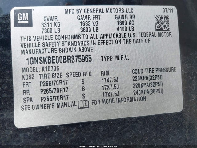 Продажа на аукционе авто 2011 Chevrolet Tahoe Lt, vin: 1GNSKBE00BR375965, номер лота: 45377184