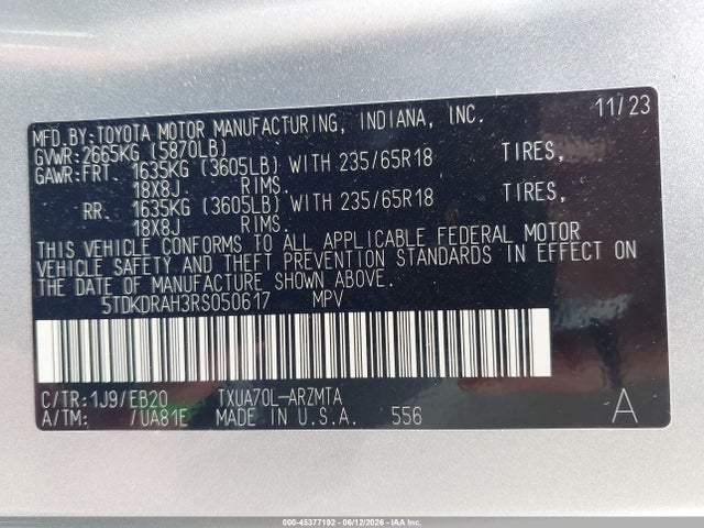 45377192 :رقم المزاد ، 5TDKDRAH3RS050617 vin ، 2024 Toyota Highlander Xle مزاد بيع