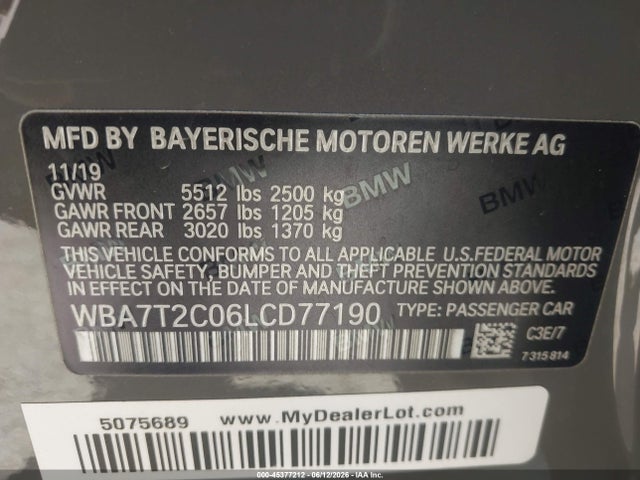 45377212 :رقم المزاد ، WBA7T2C06LCD77190 vin ، 2020 Bmw 740i مزاد بيع