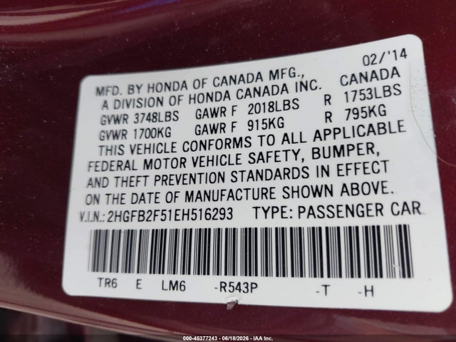 Honda Civic Lx 2014 2HGFB2F51EH516293 Image 9