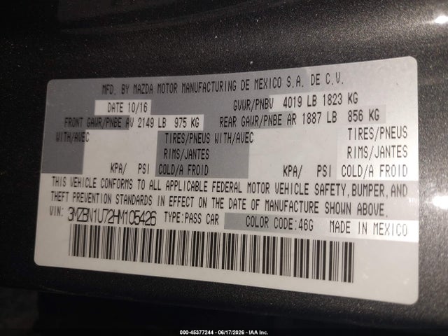 45377244 :رقم المزاد ، 3MZBN1U72HM105426 vin ، 2017 Mazda Mazda3 Sport مزاد بيع