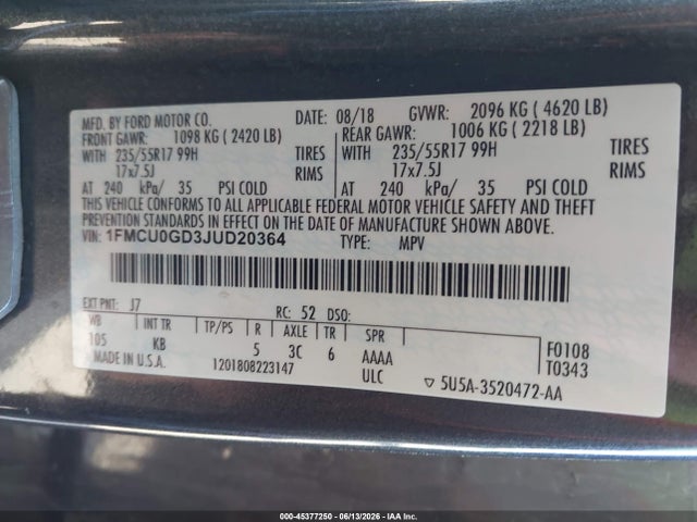 Продажа на аукционе авто 2018 Ford Escape Se, vin: 1FMCU0GD3JUD20364, номер лота: 45377250