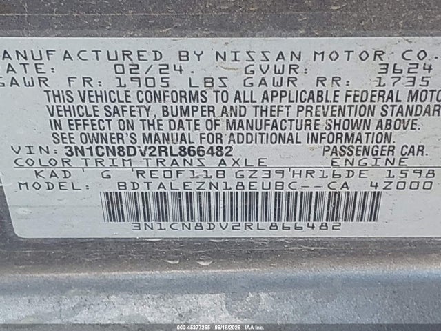 45377255 :رقم المزاد ، 3N1CN8DV2RL866482 vin ، 2024 Nissan Versa 1.6 S مزاد بيع