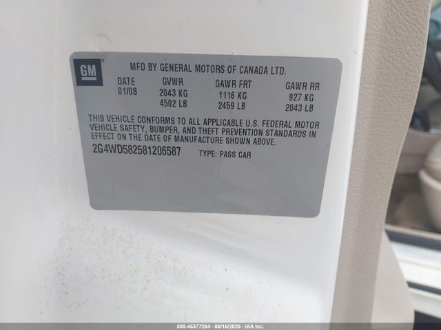 45377264 :رقم المزاد ، 2G4WD582581206587 vin ، 2008 Buick Lacrosse Cxl مزاد بيع