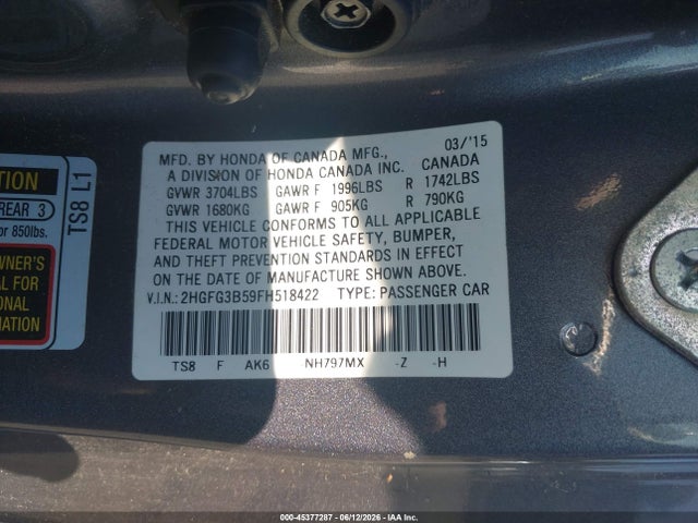 Продажа на аукционе авто 2015 Honda Civic Lx, vin: 2HGFG3B59FH518422, номер лота: 45377287