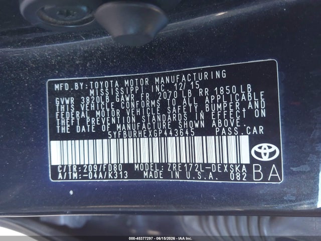 Toyota Corolla S 2016 5YFBURHEXGP443645 Image 9