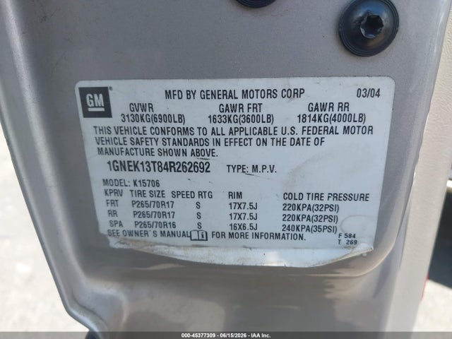 Продажа на аукционе авто 2004 Chevrolet Tahoe Ls, vin: 1GNEK13T84R262692, номер лота: 45377309
