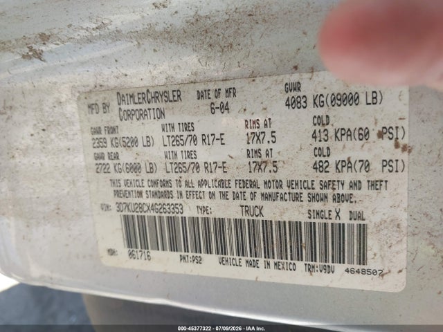 2004 Dodge Ram 2500 Slt/laramie მანქანა იყიდება აუქციონზე, vin: 3D7KU28CX4G263353, აუქციონის ნომერი: 45377322