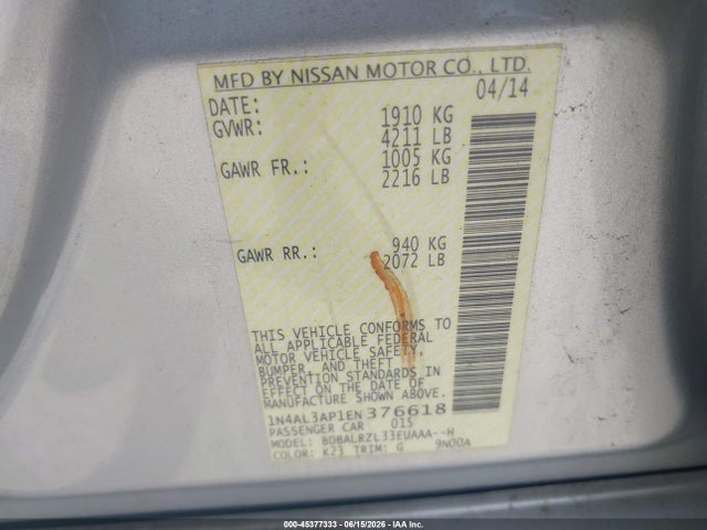 Продаж на аукціоні авто 2014 Nissan Altima 2.5 S, vin: 1N4AL3AP1EN376618, номер лоту: 45377333