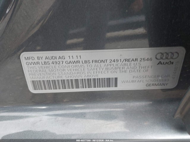 2012 Audi A4 2.0t Premium მანქანა იყიდება აუქციონზე, vin: WAUBFAFL1CN015593, აუქციონის ნომერი: 45377389