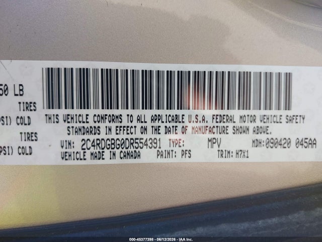 2013 Dodge Grand Caravan Se მანქანა იყიდება აუქციონზე, vin: 2C4RDGBG0DR554391, აუქციონის ნომერი: 45377398