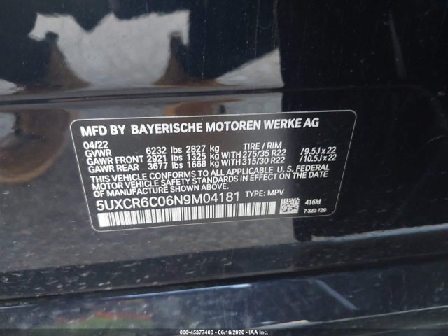 2022 Bmw X5 Xdrive40i მანქანა იყიდება აუქციონზე, vin: 5UXCR6C06N9M04181, აუქციონის ნომერი: 45377400