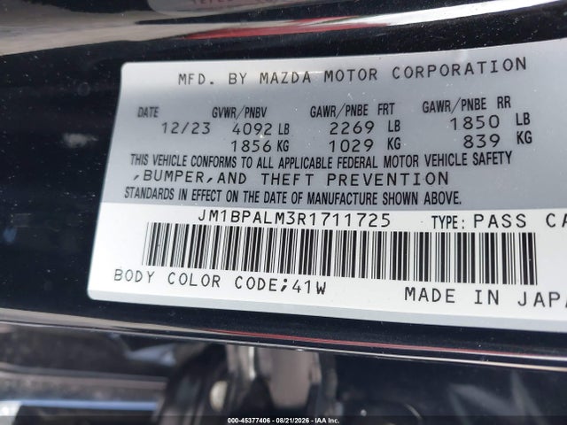 45377406 :رقم المزاد ، JM1BPALM3R1711725 vin ، 2024 Mazda Mazda3 2.5 S Preferred مزاد بيع