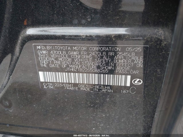 45377412 :رقم المزاد ، JTHBZ1B22S5088265 vin ، 2025 Lexus Is 350 F Sport Design مزاد بيع