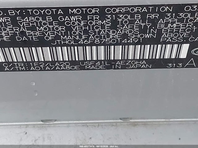 45377415 :رقم المزاد ، JTHGL46F875014491 vin ، 2007 Lexus Ls 460 L مزاد بيع