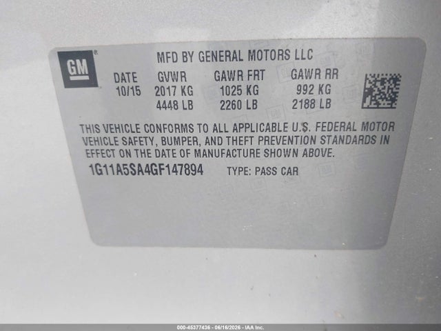 Продажа на аукционе авто 2016 Chevrolet Malibu Limited 1fl, vin: 1G11A5SA4GF147894, номер лота: 45377436