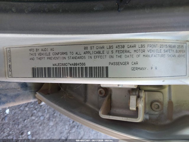 Aukcja sprzedaży 1998 Audi A4 2.8 (a5) Quattro/2.8 (m5) Quattro, vin: WAUED68D7WA004566, numer aukcji: 45377451