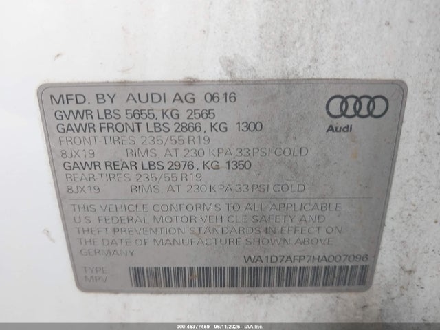 45377459 :رقم المزاد ، WA1D7AFP7HA007096 vin ، 2017 Audi Q5 3.0t Premium Plus مزاد بيع