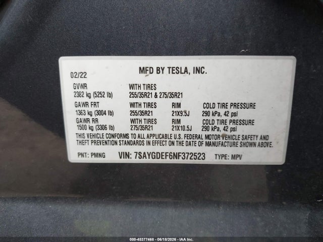 7SAYGDEF6NF372523 Tesla Model Y Performance Dual Motor All-wheel Drive