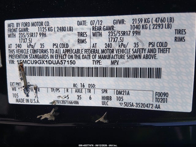 45377476 :رقم المزاد ، 1FMCU9GX1DUA57150 vin ، 2013 Ford Escape Se مزاد بيع