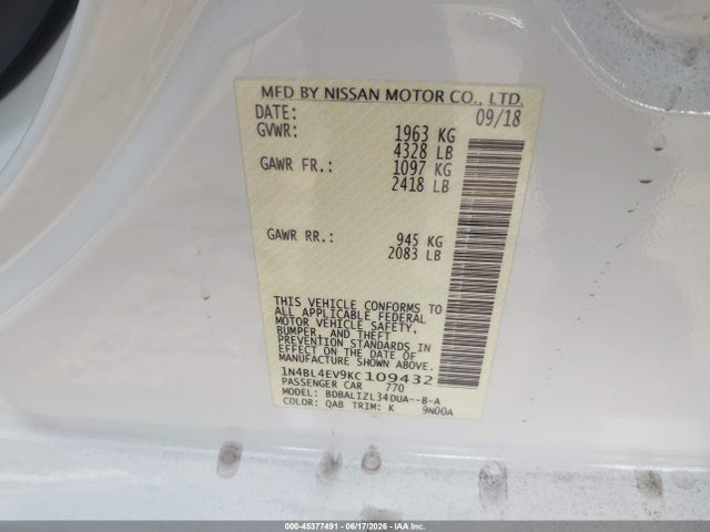 Nissan Altima 2.5 Sl 2019 1N4BL4EV9KC109432 Image 9