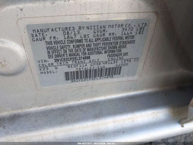 2014 Nissan Versa Note Sv მანქანა იყიდება აუქციონზე, vin: 3N1CE2CP2EL374898, აუქციონის ნომერი: 45377517