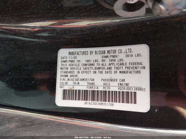 Продажа на аукционе авто 2006 Nissan 350z Grand Touring, vin: JN1AZ34E36M351748, номер лота: 45377545