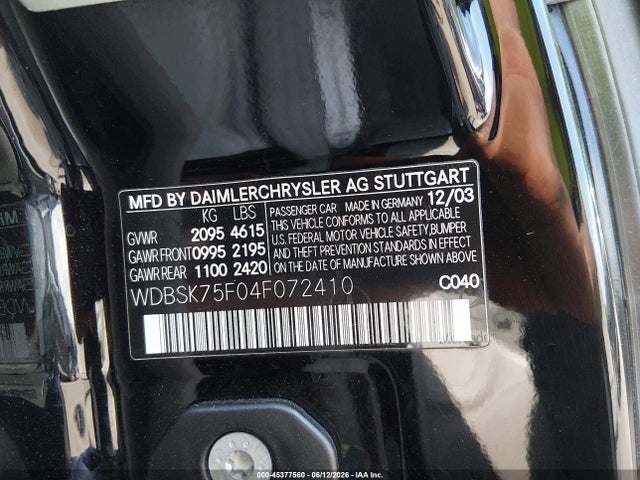 Aukcja sprzedaży 2004 Mercedes-benz Sl 500, vin: WDBSK75F04F072410, numer aukcji: 45377560