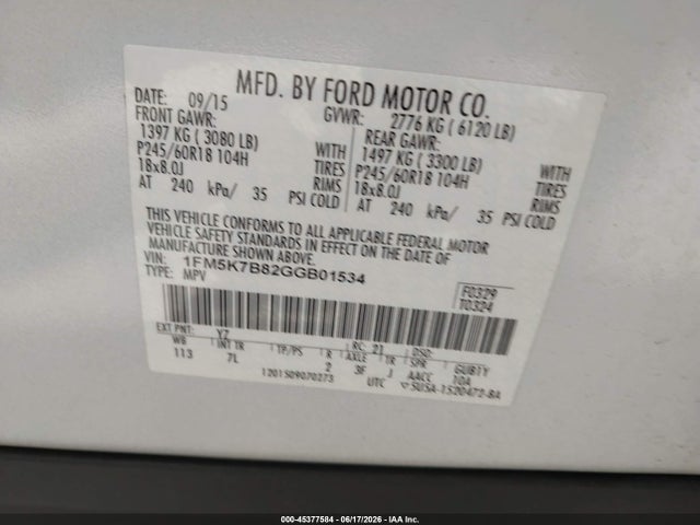 45377584 :رقم المزاد ، 1FM5K7B82GGB01534 vin ، 2016 Ford Explorer مزاد بيع