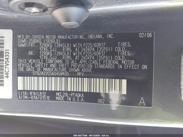 45377586 :رقم المزاد ، 5TDZA22C56S458405 vin ، 2006 Toyota Sienna Xle Limited مزاد بيع