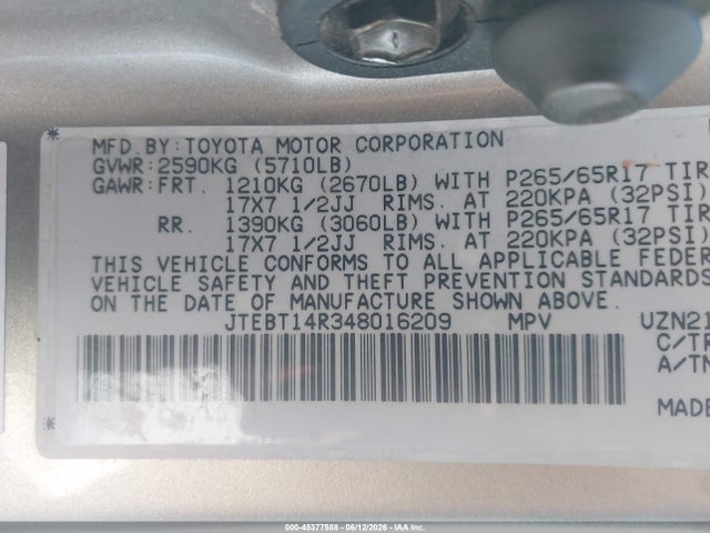 Aukcja sprzedaży 2004 Toyota 4runner Sr5 V8, vin: JTEBT14R348016209, numer aukcji: 45377588