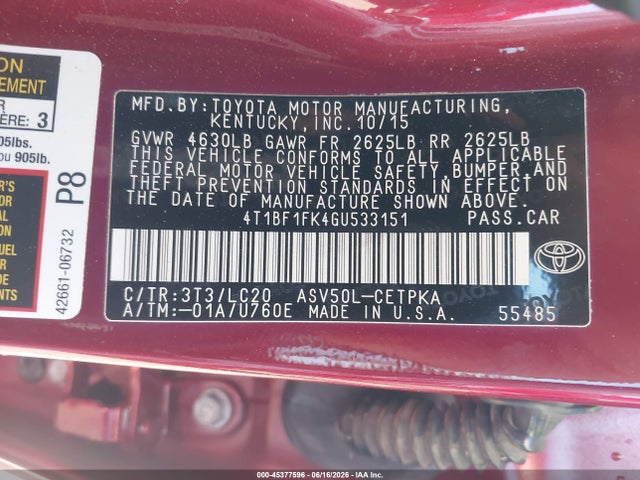 4T1BF1FK4GU533151 Toyota CAMRY XSE