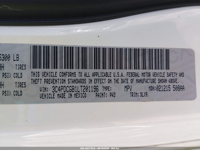 45377615 :رقم المزاد ، 3C4PDCGB1LT201196 vin ، 2020 Dodge Journey Crossroad مزاد بيع
