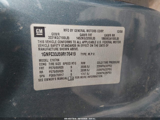 45377616 :رقم المزاد ، 1GNFC33J59R176419 vin ، 2009 Chevrolet Tahoe Ltz مزاد بيع