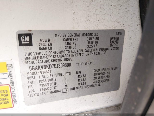 5GAKVBKD7EJ309800 Buick Enclave Leather