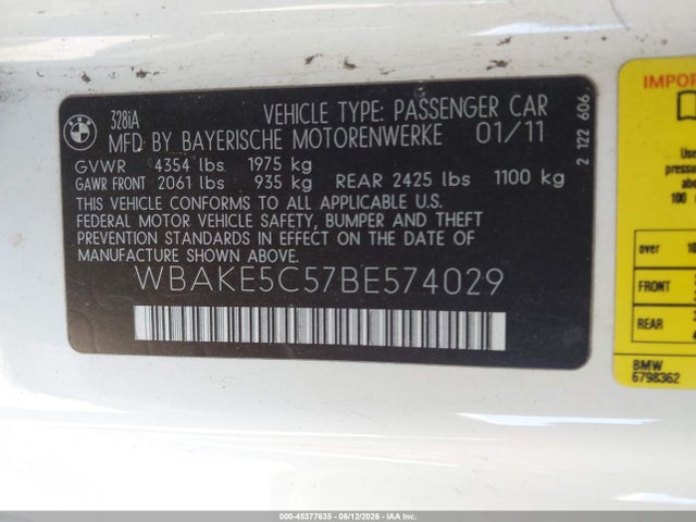 Aukcja sprzedaży 2011 Bmw 328i, vin: WBAKE5C57BE574029, numer aukcji: 45377635