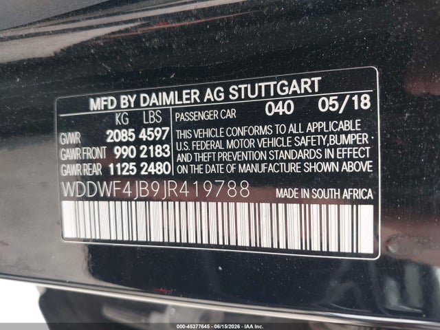 45377645 :رقم المزاد ، WDDWF4JB9JR419788 vin ، 2018 Mercedes-benz C 300 مزاد بيع