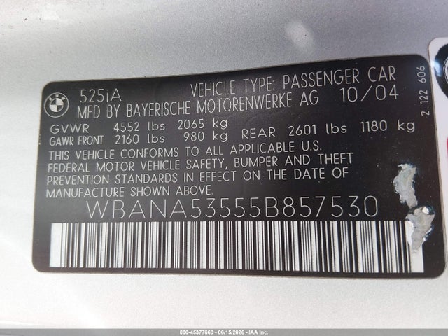 Продаж на аукціоні авто 2005 Bmw 525i, vin: WBANA53555B857530, номер лоту: 45377660