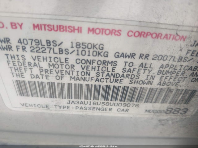 Aukcja sprzedaży 2008 Mitsubishi Lancer De, vin: JA3AU16U58U009076, numer aukcji: 45377664
