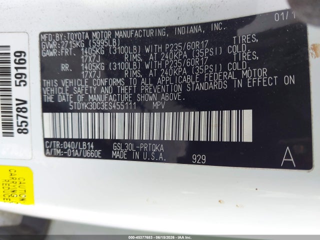 2014 Toyota Sienna Xle V6 8 Passenger მანქანა იყიდება აუქციონზე, vin: 5TDYK3DC3ES455111, აუქციონის ნომერი: 45377683